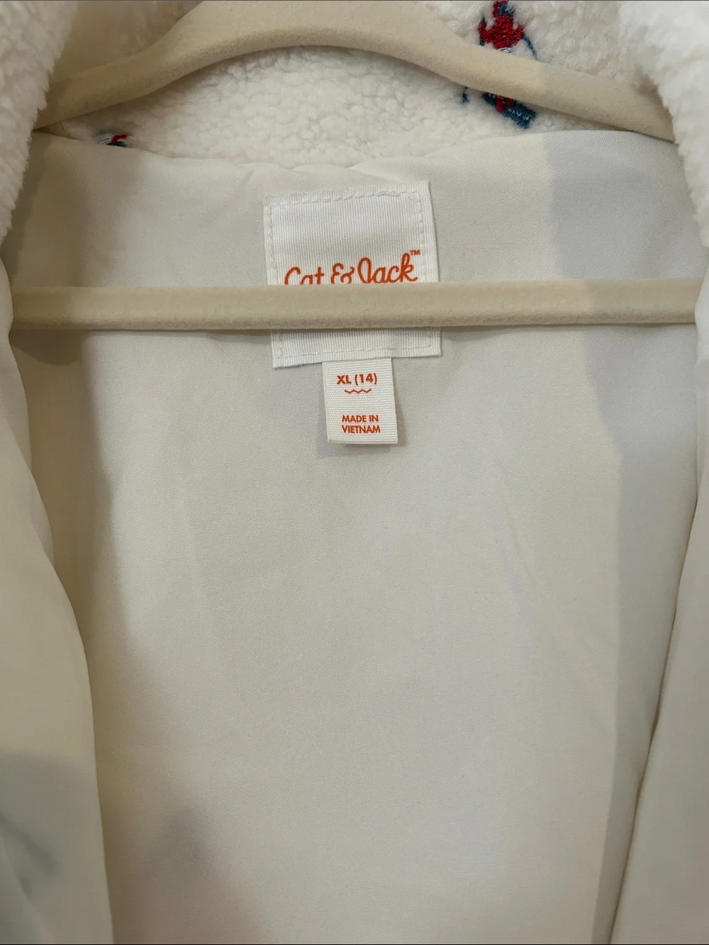 Cat & Jack White Plush Sherpa Jacket with Skier Print and Light Blue Trim